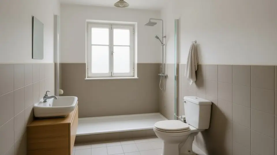 Dasselbe Badezimmer nach dem Umbau mit bodenebener Dusche und Holzmöbel, nachher