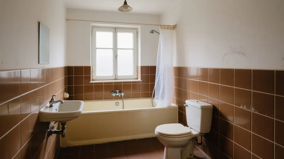 Altes Badezimmer mit beigen Fliesen und Wanne, vorher