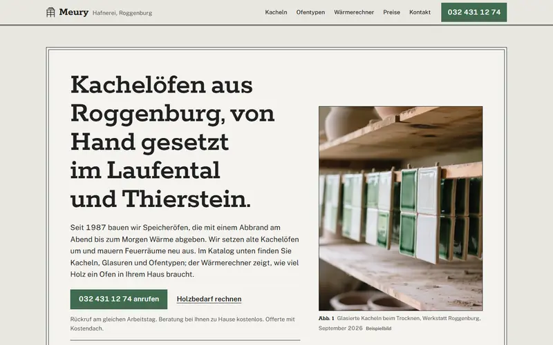 Startseite des Musters Hafnerei Meury, Roggenburg auf dem Computer