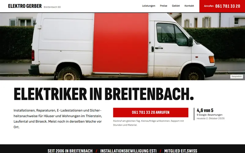 Startseite des Musters Elektro Gerber Breitenbach auf dem Computer