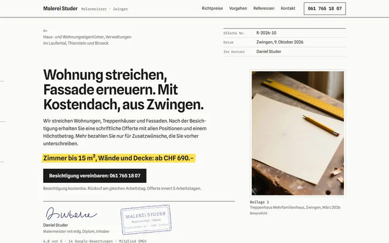 Startseite des Musters Malerei Studer Zwingen auf dem Computer