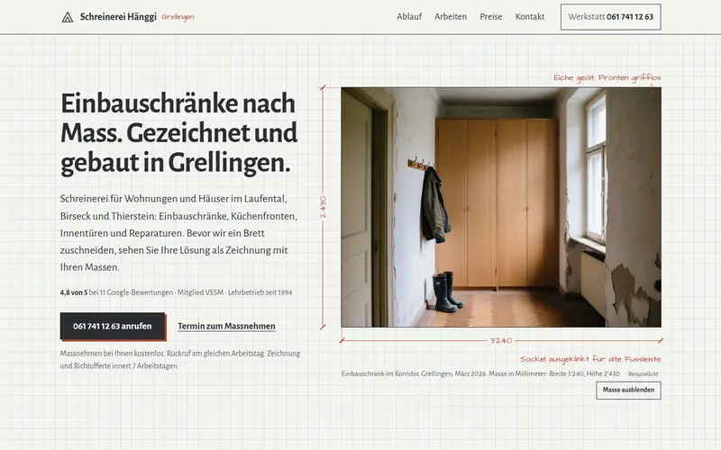 Startseite des Musters Schreinerei Hänggi Grellingen auf dem Computer