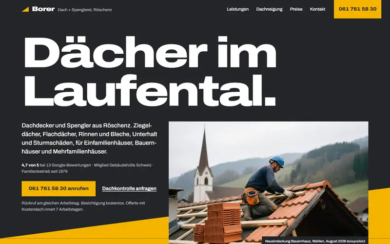 Startseite des Musters Dach + Spenglerei Borer Röschenz auf dem Computer