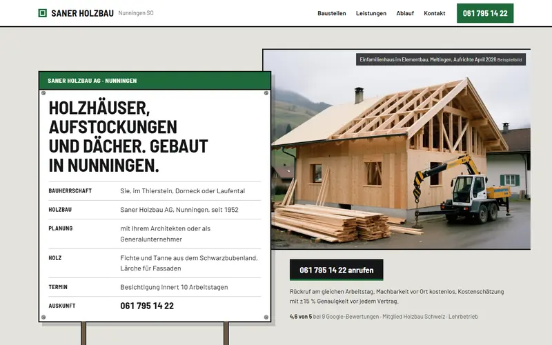 Startseite des Musters Holzbau Saner Nunningen auf dem Computer