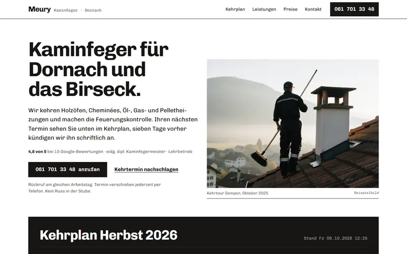Startseite des Musters Kaminfeger Meury Dornach auf dem Computer