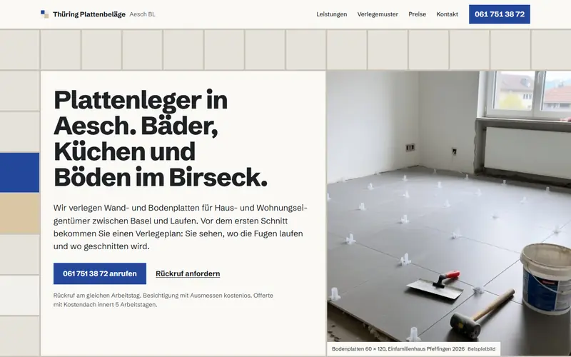 Startseite des Musters Thüring Plattenbeläge Aesch auf dem Computer