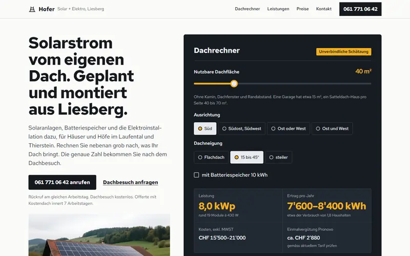 Startseite des Musters Solar + Elektro Hofer Liesberg auf dem Computer