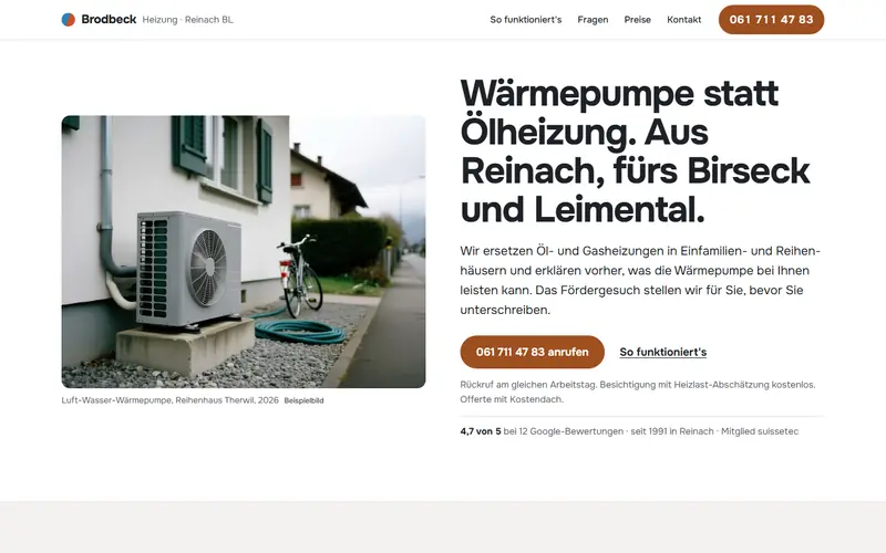 Startseite des Musters Heizung Brodbeck Reinach auf dem Computer
