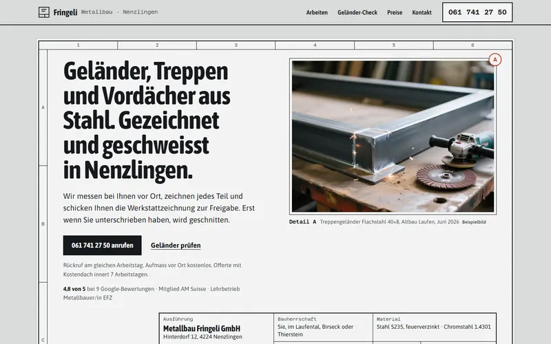 Startseite des Musters Metallbau Fringeli Nenzlingen auf dem Computer