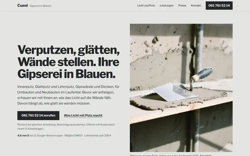 Startseite des Musters Gipserei Cueni Blauen auf dem Computer