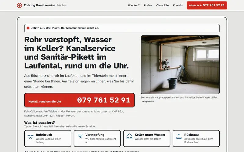 Startseite des Musters Kanalservice Thüring Röschenz auf dem Computer