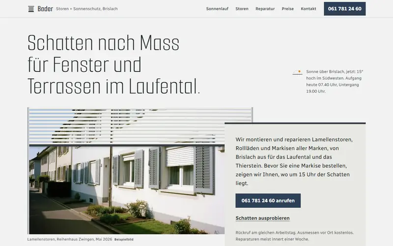 Startseite des Musters Storen + Sonnenschutz Bader, Brislach auf dem Computer