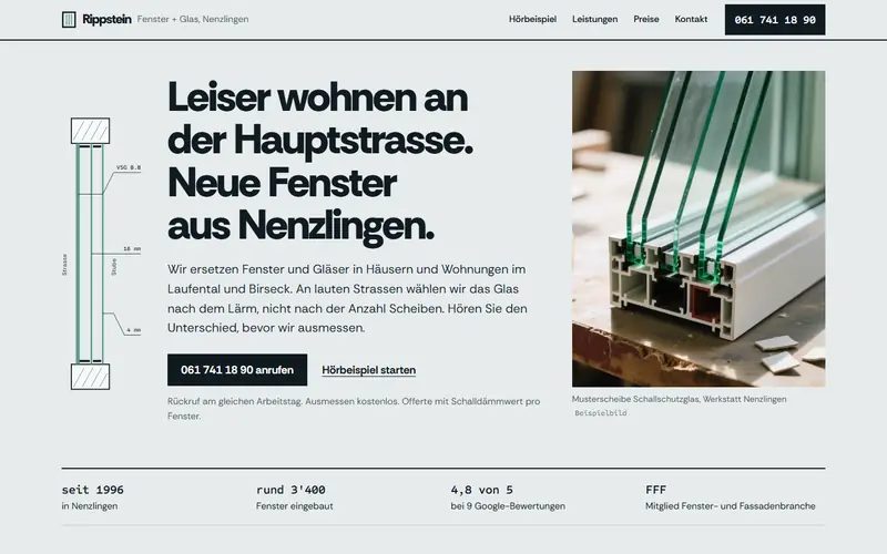 Startseite des Musters Fenster + Glas Rippstein, Nenzlingen auf dem Computer