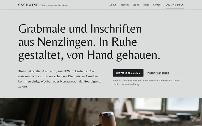 Startseite des Musters Steinmetzatelier Gschwind Nenzlingen auf dem Computer