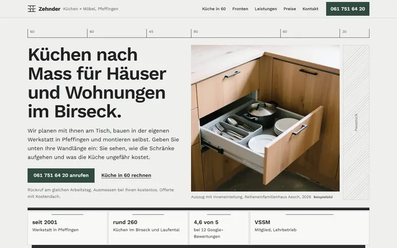 Startseite des Musters Küchen + Möbel Zehnder, Pfeffingen auf dem Computer