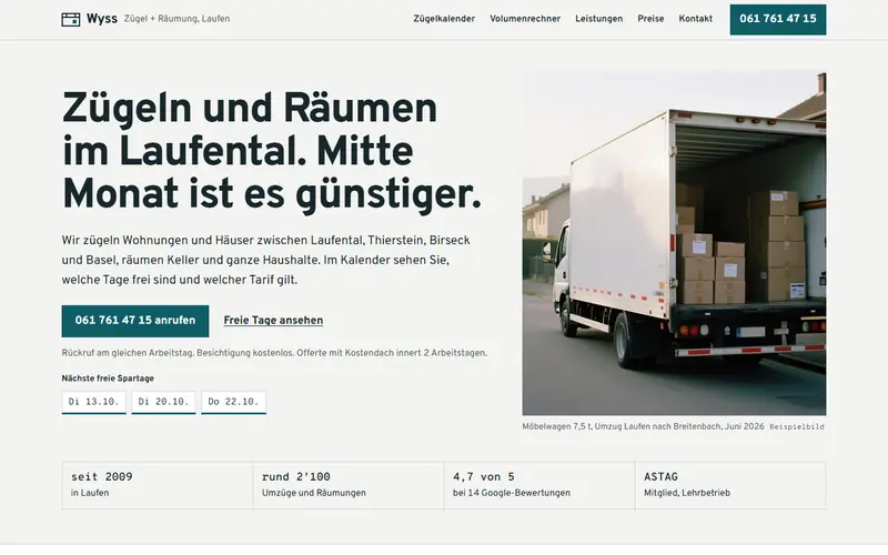 Startseite des Musters Zügel + Räumung Wyss, Laufen auf dem Computer